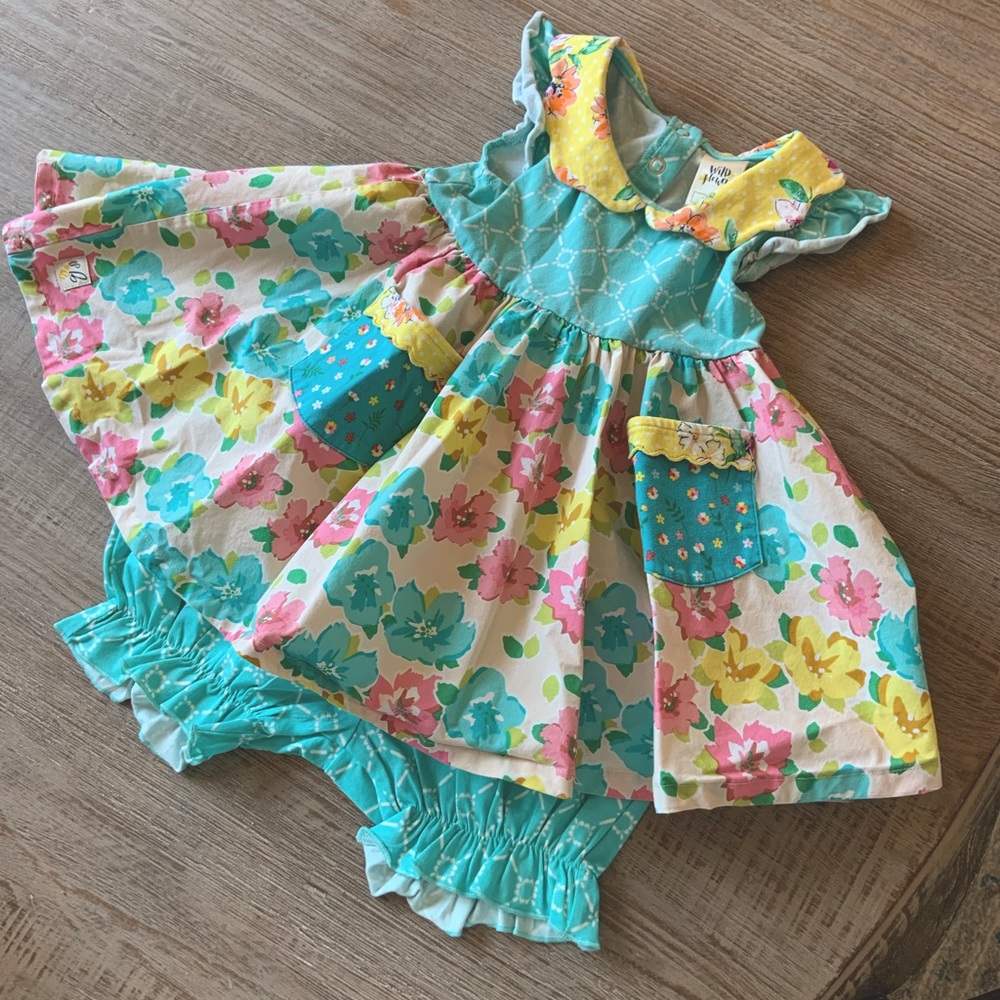 Turquoise floral Wildflower dress with matching bottoms